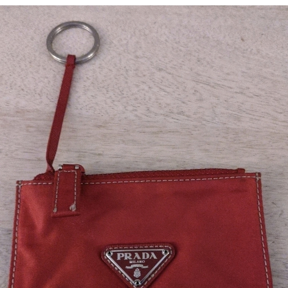 Authentic PRADA Tessuto Logo Plate RED Nylon Coin Cards Key Pouch RARE READ
